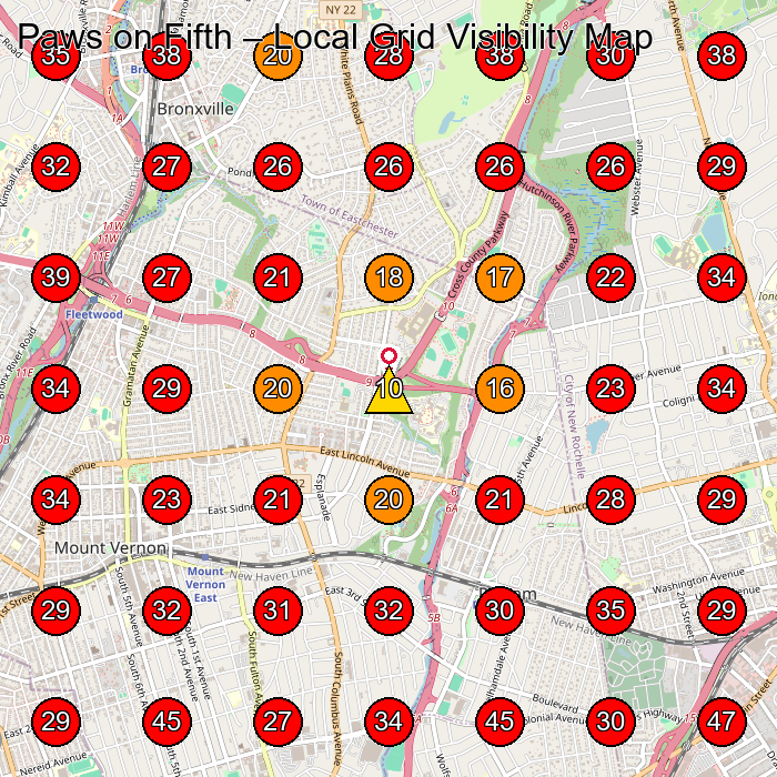 Paws on Fifth GeoGrid visibility map for Pet Groomer in Bronx